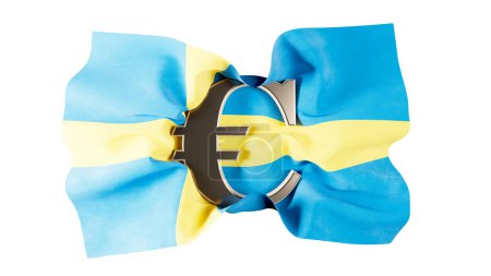 Téléchargez les photos : Le drapeau suédois bleu et jaune arbore un signe Euro, montrant les liens économiques de la Suède avec l'UE. - en image libre de droit