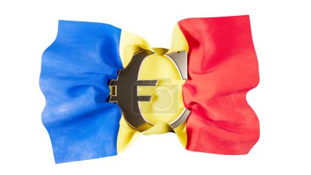 Die blaue, gelbe und rote Flagge Rumäniens ist mit dem Euro-Zeichen verschmolzen, was die Partnerschaft mit der EU-Wirtschaft widerspiegelt