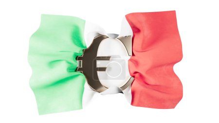 Die italienische Trikolore entfaltet sich mit einem Euro-Zeichen, das Italiens wirtschaftliche Einheit mit der Europäischen Union widerspiegelt