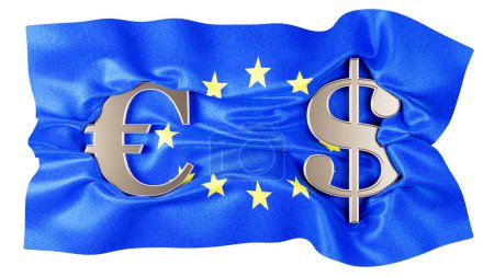 Vernetzte Euro- und Dollarzeichen gegen das Blau der EU-Flagge mit Sternen.