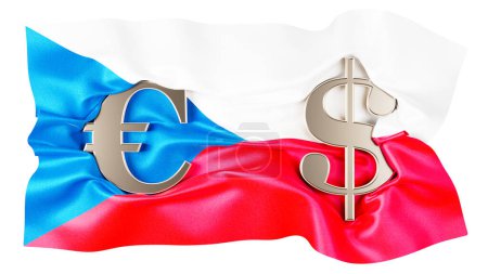 Verschmelzende Euro- und Dollarzeichen überlagern die kräftigen Farben der tschechischen Flagge.