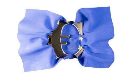 Euro-Währungssymbol, umhüllt vom leuchtenden Blau der EU-Flagge mit gelben Sternen.