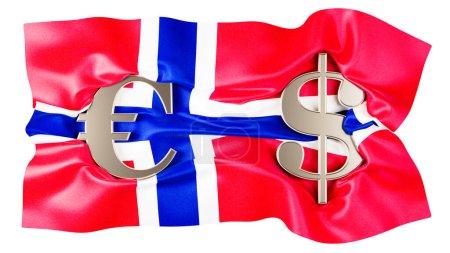 Signos de fusión del euro y el dólar en la bandera de Noruega, rojo con la cruz azul bordeada de blanco.