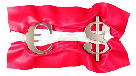 Symboles métalliques interverrouillés Euro et Dollar contrastant avec le drapeau rouge et blanc vibrant de l'Autriche.