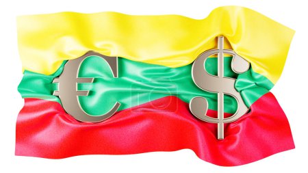 Los signos entrelazados del euro y el dólar enarbolan la audaz bandera amarilla, verde y roja de Lituania.