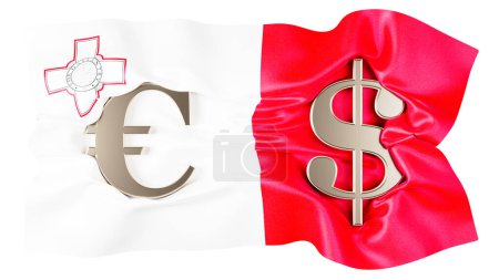 Téléchargez les photos : Une majestueuse combinaison de signes Euro et Dollar contre le drapeau blanc et rouge distinctif de Malte avec la Croix de George. - en image libre de droit