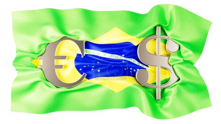 The striking combination of Euro and Dollar signs against the vibrant backdrop of Brazil national flag.