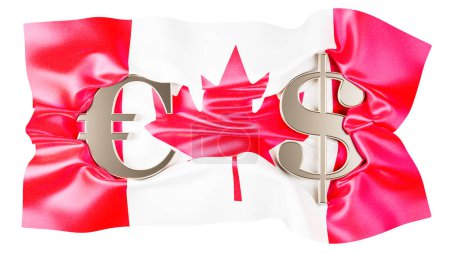 Die elegante Verschmelzung von Euro und Dollar über der symbolischen rot-weißen kanadischen Flagge.