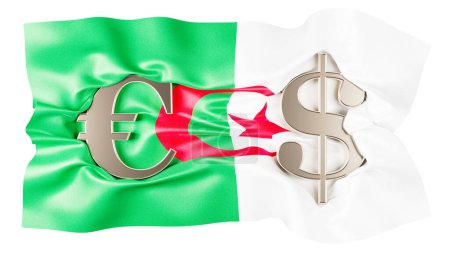 Die Zeichen Euro und Dollar fügen sich nahtlos in die grün-weiße Leinwand der algerischen Flagge mit rotem Halbmond und Stern ein.