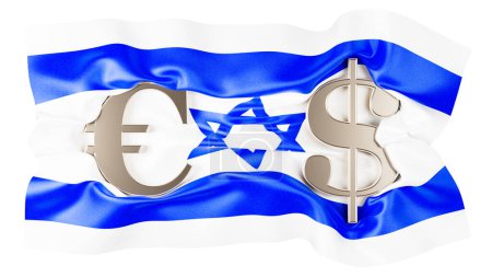 Téléchargez les photos : Signes métalliques Euro et Dollar enlacés contre l'emblématique étoile bleue de David sur le drapeau israélien. - en image libre de droit