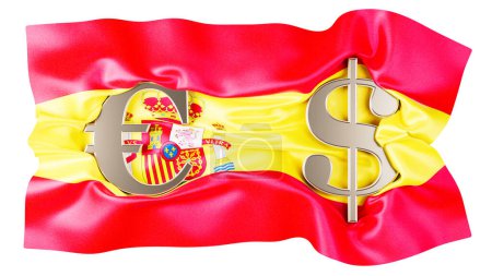 Metallic Euro and Dollar symbols imposed on the rich red and yellow of Spain's flag.