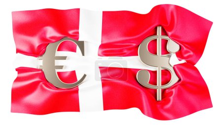 Shiny Euro and Dollar signs overlaid on the Danish flag's striking red and white.