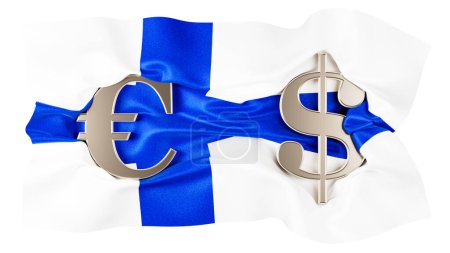 Metallische Währungssymbole von Euro und Dollar auf Finnlands weiß-blauer Flagge.