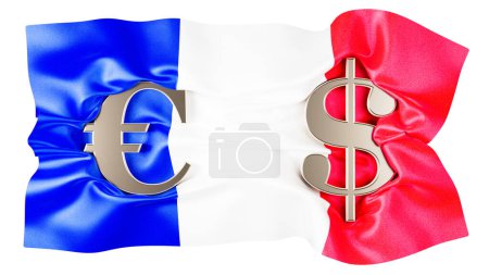 Eine Mischung aus EURO und Dollarzeichen auf den dynamischen Falten der französischen Flagge