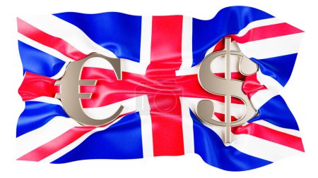 Die Union der Euro- und Dollarzeichen überlagert das unverwechselbare Design der britischen Flagge