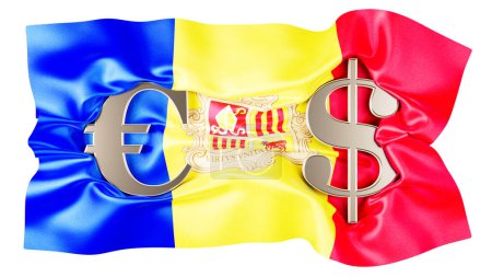 Eine auffällige Komposition aus Euro- und Dollarzeichen über Andorras dreifarbiger Flagge mit Emblem