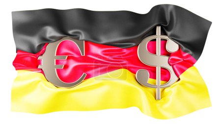 Deutsche Flagge elegant drapiert mit verflochtenen EURO und Dollarsymbolen, die wirtschaftlichen Einfluss symbolisieren