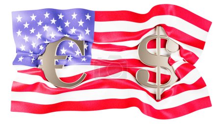 A symbolic representation of the USA flag intertwined with the Euro and Dollar signs, depicting economic collaboration