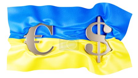 Eine dynamische Darstellung der ukrainischen Flagge verschmolzen mit prominenten EURO und Dollarsymbolen, die wirtschaftliche Bestrebungen symbolisieren