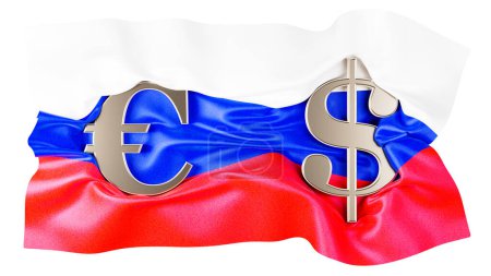 A textured Russian flag with Euro and Dollar symbols blending finance and nationalism