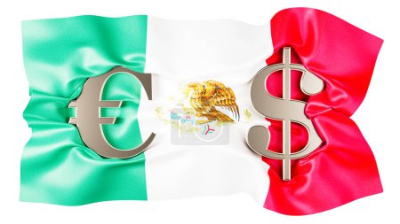 Dynamische mexikanische Flagge mit EURO und Dollarzeichen, die finanzielle Interaktion und kulturelle Identität hervorhebt