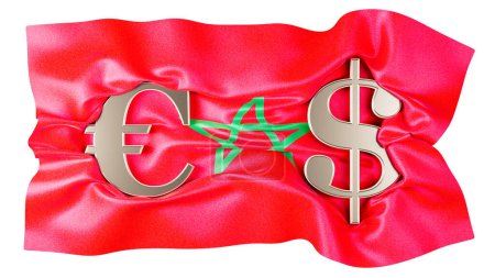 Lebendige Darstellung der marokkanischen Flagge mit EURO und Dollarsymbolen, die den wirtschaftlichen Austausch symbolisieren