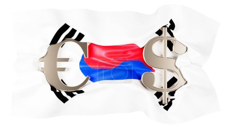 Fusion symbolique des économies européenne et américaine, superposée à un drapeau dynamique avec la bande commémorative de la guerre de Corée