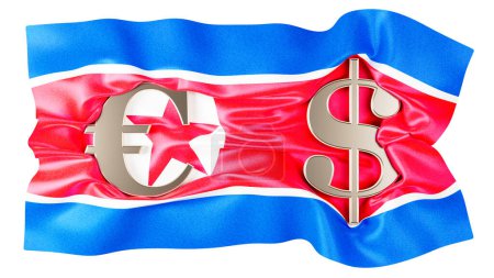 Téléchargez les photos : Une représentation frappante de l'économie mondiale, avec les signes Euro et Dollar sur le drapeau nord-coréen ondulé. - en image libre de droit
