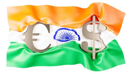 Un despliegue creativo de los signos del euro y el dólar entrelazado sobre las rayas azafrán, blanco y verde de la bandera de la India con el Chakra Ashoka en su centro