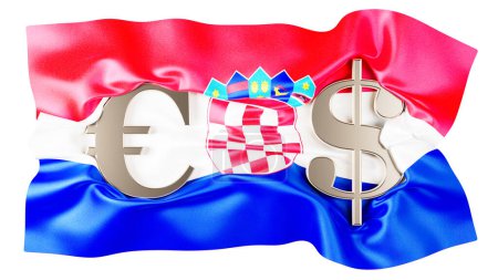Téléchargez les photos : Le mélange harmonieux de signes Euro et Dollar sur le rouge vif, blanc et bleu du drapeau national de la Croatie, y compris les armoiries traditionnelles - en image libre de droit