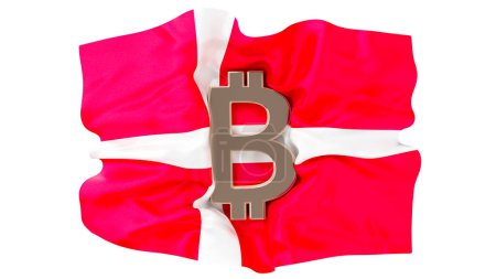 Foto de Brillante emblema de Bitcoin superpuesto en el tejido ondulante de la bandera danesa, que simboliza la fusión de la economía y el país. - Imagen libre de derechos