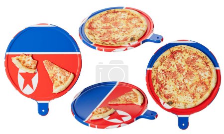 A cheese pizza served on a North Korean flag-themed tray, creating an intriguing fusion of global tastes and national pride.