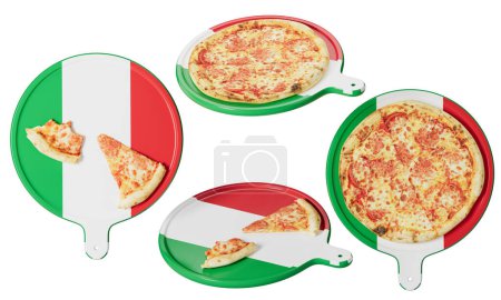 Genießen Sie eine Scheibe Gourmet-Käse-Pizza, die auf einem Serviertablett präsentiert wird, das das grün-weiße und rote Trikolore-Design der italienischen Flagge nachahmt.