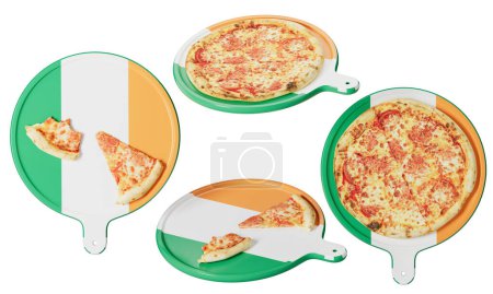 Genießen Sie den Geschmack von kitschigen Köstlichkeiten mit dieser klassischen Pizza, die auf einem lebendigen Tablett mit Flaggen der Elfenbeinküste präsentiert wird, einer Mischung aus kulinarischer Freude und Nationalfarben.