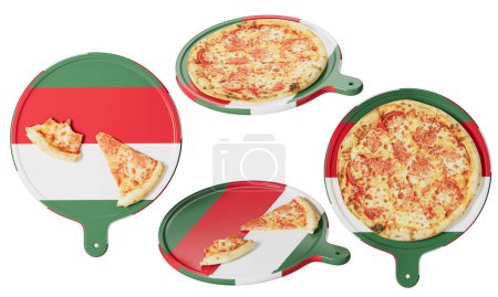 Enjoy a classic Margherita pizza served on a tray adorned with Hungary national colors, merging traditional flavors with patriotic pride.