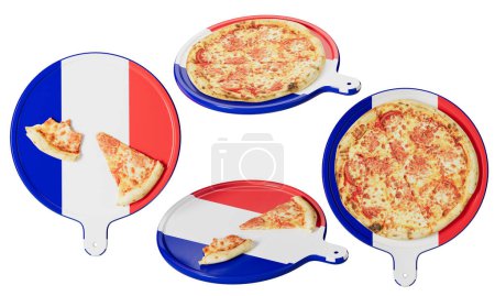 Photo for Savor the rich blend of melted cheese atop a classic pizza, served on a pan adorned with the iconic blue, white, and red of the France flag. - Royalty Free Image