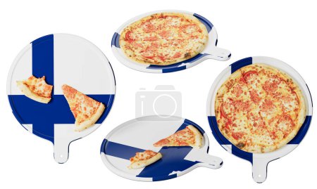 Indulge in a slice of heaven with this cheese pizza elegantly presented on a Finland flag-themed serving pan, blending Nordic pride and Italian flavors.
