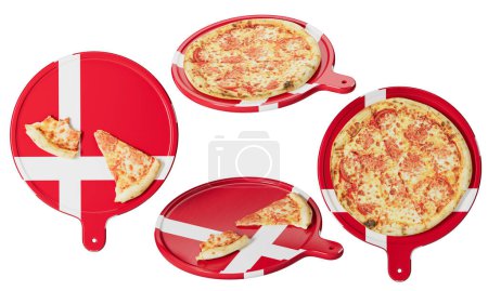 Genießen Sie die Verschmelzung von italienischem und dänischem Stolz mit dieser Pfefferoni-Pizza, die wunderschön auf einer Pfanne serviert wird, die vom Design der dänischen Flaggen inspiriert ist.