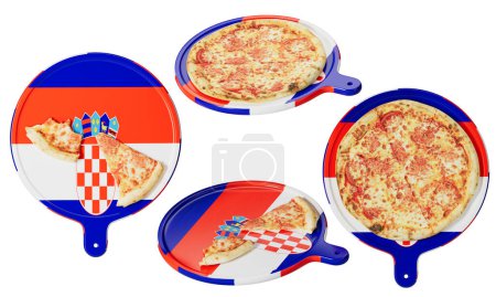 Genießen Sie eine Scheibe klassische Pfefferoni-Pizza, präsentiert auf einer Pfanne, die mit dem ikonischen karierten Wappen Kroatiens geschmückt ist.