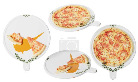 A tantalizing pepperoni pizza elegantly served on a pan that features the copper and olive branch emblem of the Cyprus flag.