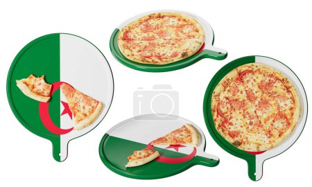 Foto de Saboree el sabor de Italia con una suntuosa pizza de queso, elegantemente presentada en una tabla de cortar inspirada en los vibrantes colores verde y blanco y la estrella roja y la media luna de la bandera de Argelia. - Imagen libre de derechos