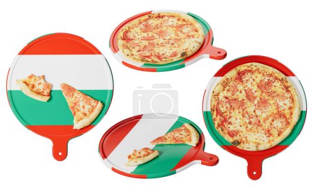 Genießen Sie die Aromen einer klassischen Pfefferoni-Pizza auf einer Pfanne, die mit dem fetten Weiß, Grün und Rot der bulgarischen Flagge geschmückt ist.