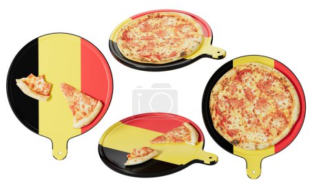 Genießen Sie den klassischen Geschmack von Pfefferoni-Pizza, präsentiert auf einer Pfanne, die mit den Farben der belgischen Flagge geschmückt ist und eine Verschmelzung von Aromen symbolisiert.