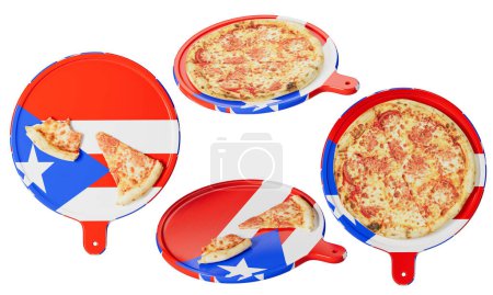 Pepperoni pizza served on a vibrant Puerto Rican flag-themed pan, combining rich flavors with cultural pride.