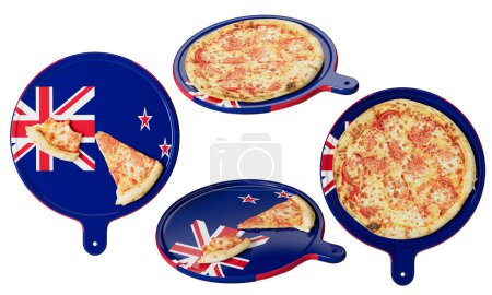 Cheese pizza presented on a cutting board inspired by the New Zealand flag, a tasty dish with a patriotic twist.
