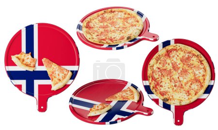 Photo for Delicious cheese pizza on a vibrant Norwegian flag-themed serving tray, fusing culinary delights with national pride. - Royalty Free Image