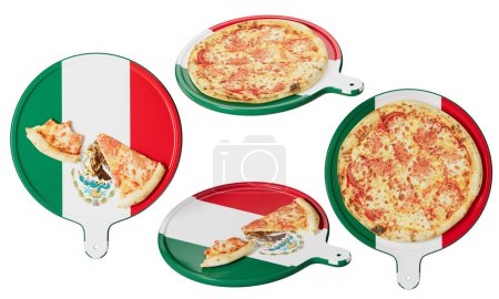 Genießen Sie die Mischung der Kulturen mit dieser Käsepizza, die auf einem Tablett mit den Farben Mexikos serviert wird, einem essbaren Symbol des Nationalstolzes.