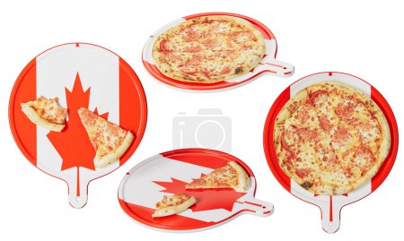 Indulge in the true north flavors with this gourmet cheese pizza, elegantly served on a cutting board designed like the iconic Canadian flag with its distinctive maple leaf.