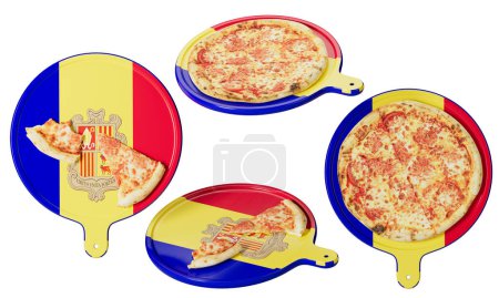 Erleben Sie den Geschmack Andorras mit dieser köstlichen Käsepizza, die kunstvoll auf einem Schneidebrett serviert wird, das mit den kräftigen Farben der andorranischen Flagge geschmückt ist.
