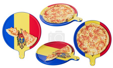 Pizzas au fromage sur des assiettes aux couleurs et à l'emblème du drapeau moldave, ajoutant une touche nationale festive.